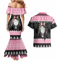 Anglesey Wales Christmas Couples Matching Mermaid Dress and Hawaiian Shirt Pink Mari Lwyd Welsh Celtic Knot - Wonder Print Shop