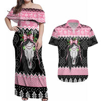 Anglesey Wales Christmas Couples Matching Off Shoulder Maxi Dress and Hawaiian Shirt Pink Mari Lwyd Welsh Celtic Knot - Wonder Print Shop