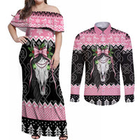 Anglesey Wales Christmas Couples Matching Off Shoulder Maxi Dress and Long Sleeve Button Shirt Pink Mari Lwyd Welsh Celtic Knot - Wonder Print Shop