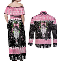 Anglesey Wales Christmas Couples Matching Off Shoulder Maxi Dress and Long Sleeve Button Shirt Pink Mari Lwyd Welsh Celtic Knot - Wonder Print Shop
