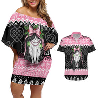 Anglesey Wales Christmas Couples Matching Off Shoulder Short Dress and Hawaiian Shirt Pink Mari Lwyd Welsh Celtic Knot - Wonder Print Shop