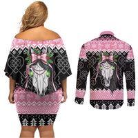 Anglesey Wales Christmas Couples Matching Off Shoulder Short Dress and Long Sleeve Button Shirt Pink Mari Lwyd Welsh Celtic Knot - Wonder Print Shop