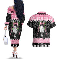 Anglesey Wales Christmas Couples Matching Off The Shoulder Long Sleeve Dress and Hawaiian Shirt Pink Mari Lwyd Welsh Celtic Knot - Wonder Print Shop