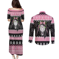 Anglesey Wales Christmas Couples Matching Puletasi and Long Sleeve Button Shirt Pink Mari Lwyd Welsh Celtic Knot - Wonder Print Shop