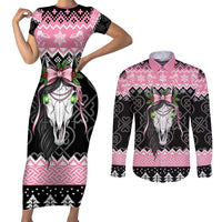 Anglesey Wales Christmas Couples Matching Short Sleeve Bodycon Dress and Long Sleeve Button Shirt Pink Mari Lwyd Welsh Celtic Knot - Wonder Print Shop
