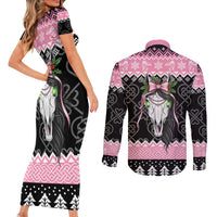 Anglesey Wales Christmas Couples Matching Short Sleeve Bodycon Dress and Long Sleeve Button Shirt Pink Mari Lwyd Welsh Celtic Knot - Wonder Print Shop