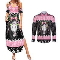 Anglesey Wales Christmas Couples Matching Summer Maxi Dress and Long Sleeve Button Shirt Pink Mari Lwyd Welsh Celtic Knot - Wonder Print Shop