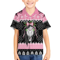 Anglesey Wales Christmas Family Matching Off The Shoulder Long Sleeve Dress and Hawaiian Shirt Pink Mari Lwyd Welsh Celtic Knot - Wonder Print Shop