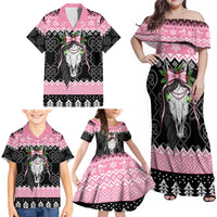 Anglesey Wales Christmas Family Matching Off Shoulder Maxi Dress and Hawaiian Shirt Pink Mari Lwyd Welsh Celtic Knot - Wonder Print Shop