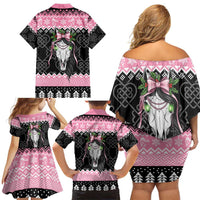 Anglesey Wales Christmas Family Matching Off Shoulder Short Dress and Hawaiian Shirt Pink Mari Lwyd Welsh Celtic Knot - Wonder Print Shop