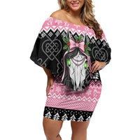 Anglesey Wales Christmas Family Matching Off Shoulder Short Dress and Hawaiian Shirt Pink Mari Lwyd Welsh Celtic Knot - Wonder Print Shop