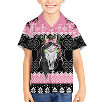 Anglesey Wales Christmas Family Matching Off Shoulder Short Dress and Hawaiian Shirt Pink Mari Lwyd Welsh Celtic Knot - Wonder Print Shop
