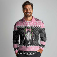 Anglesey Wales Christmas Long Sleeve Polo Shirt Pink Mari Lwyd Welsh Celtic Knot - Wonder Print Shop