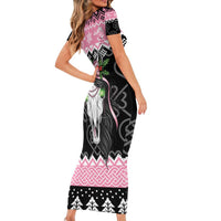 Anglesey Wales Christmas Short Sleeve Bodycon Dress Pink Mari Lwyd Welsh Celtic Knot - Wonder Print Shop