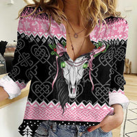 Anglesey Wales Christmas Women Casual Shirt Pink Mari Lwyd Welsh Celtic Knot - Wonder Print Shop