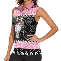 Anglesey Wales Christmas Women Sleeveless Polo Shirt Pink Mari Lwyd Welsh Celtic Knot - Wonder Print Shop