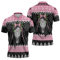 Anglesey Wales Christmas Zipper Polo Shirt Pink Mari Lwyd Welsh Celtic Knot - Wonder Print Shop