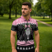 Anglesey Wales Christmas Zipper Polo Shirt Pink Mari Lwyd Welsh Celtic Knot - Wonder Print Shop