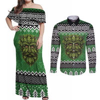 Personalized Anglesey Wales Christmas Couples Matching Off Shoulder Maxi Dress and Long Sleeve Button Shirt Green Man Celtic Knot - Wonder Print Shop