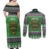 Personalized Anglesey Wales Christmas Couples Matching Off Shoulder Maxi Dress and Long Sleeve Button Shirt Green Man Celtic Knot - Wonder Print Shop