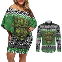 Personalized Anglesey Wales Christmas Couples Matching Off Shoulder Short Dress and Long Sleeve Button Shirt Green Man Celtic Knot - Wonder Print Shop