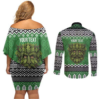Personalized Anglesey Wales Christmas Couples Matching Off Shoulder Short Dress and Long Sleeve Button Shirt Green Man Celtic Knot - Wonder Print Shop