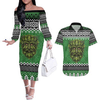 Personalized Anglesey Wales Christmas Couples Matching Off The Shoulder Long Sleeve Dress and Hawaiian Shirt Green Man Celtic Knot - Wonder Print Shop