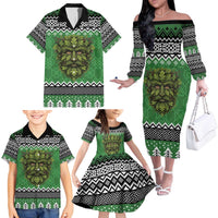Personalized Anglesey Wales Christmas Family Matching Off The Shoulder Long Sleeve Dress and Hawaiian Shirt Green Man Celtic Knot - Wonder Print Shop