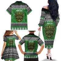 Personalized Anglesey Wales Christmas Family Matching Off The Shoulder Long Sleeve Dress and Hawaiian Shirt Green Man Celtic Knot - Wonder Print Shop