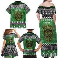 Personalized Anglesey Wales Christmas Family Matching Off Shoulder Maxi Dress and Hawaiian Shirt Green Man Celtic Knot - Wonder Print Shop