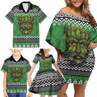 Personalized Anglesey Wales Christmas Family Matching Off Shoulder Short Dress and Hawaiian Shirt Green Man Celtic Knot - Wonder Print Shop
