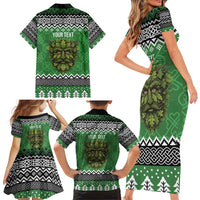 Personalized Anglesey Wales Christmas Family Matching Short Sleeve Bodycon Dress and Hawaiian Shirt Green Man Celtic Knot - Wonder Print Shop