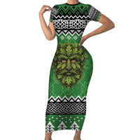 Personalized Anglesey Wales Christmas Family Matching Short Sleeve Bodycon Dress and Hawaiian Shirt Green Man Celtic Knot - Wonder Print Shop