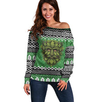 Personalized Anglesey Wales Christmas Off Shoulder Sweater Green Man Celtic Knot - Wonder Print Shop