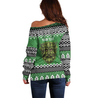 Personalized Anglesey Wales Christmas Off Shoulder Sweater Green Man Celtic Knot - Wonder Print Shop
