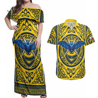 Personalized Brecknockshire Wales Couples Matching Off Shoulder Maxi Dress and Hawaiian Shirt Welsh Celtic Bat And Swords Design - Wonder Print Shop