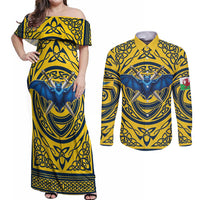Personalized Brecknockshire Wales Couples Matching Off Shoulder Maxi Dress and Long Sleeve Button Shirt Welsh Celtic Bat And Swords Design - Wonder Print Shop
