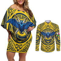 Personalized Brecknockshire Wales Couples Matching Off Shoulder Short Dress and Long Sleeve Button Shirt Welsh Celtic Bat And Swords Design - Wonder Print Shop