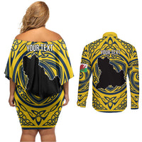 Personalized Brecknockshire Wales Couples Matching Off Shoulder Short Dress and Long Sleeve Button Shirt Welsh Celtic Bat And Swords Design - Wonder Print Shop