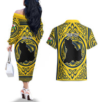 Personalized Brecknockshire Wales Couples Matching Off The Shoulder Long Sleeve Dress and Hawaiian Shirt Welsh Celtic Bat And Swords Design - Wonder Print Shop