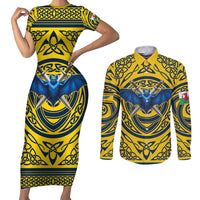 Personalized Brecknockshire Wales Couples Matching Short Sleeve Bodycon Dress and Long Sleeve Button Shirt Welsh Celtic Bat And Swords Design - Wonder Print Shop