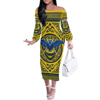 Personalized Brecknockshire Wales Family Matching Off The Shoulder Long Sleeve Dress and Hawaiian Shirt Welsh Celtic Bat And Swords Design - Wonder Print Shop