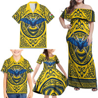 Personalized Brecknockshire Wales Family Matching Off Shoulder Maxi Dress and Hawaiian Shirt Welsh Celtic Bat And Swords Design - Wonder Print Shop
