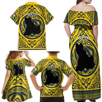 Personalized Brecknockshire Wales Family Matching Off Shoulder Maxi Dress and Hawaiian Shirt Welsh Celtic Bat And Swords Design - Wonder Print Shop