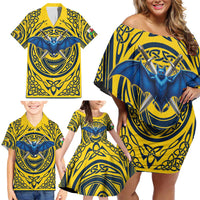 Personalized Brecknockshire Wales Family Matching Off Shoulder Short Dress and Hawaiian Shirt Welsh Celtic Bat And Swords Design - Wonder Print Shop