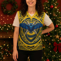 Personalized Brecknockshire Wales Christmas Knitted V-Neck Vest Welsh Celtic Bat And Swords Design - Wonder Print Shop