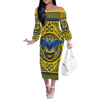 Personalized Brecknockshire Wales Off The Shoulder Long Sleeve Dress Welsh Celtic Bat And Swords Design - Wonder Print Shop