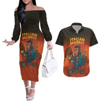 Italian Brainrot Meme Couples Matching Off The Shoulder Long Sleeve Dress and Hawaiian Shirt Chaotic Chimp Mobster Vespa Ride - Wonder Print Shop