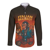 Italian Brainrot Meme Long Sleeve Button Shirt Chaotic Chimp Mobster Vespa Ride - Wonder Print Shop