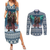 Iceland Christmas Couples Matching Summer Maxi Dress and Long Sleeve Button Shirt Icelandic Gryla Evil Mother of Yule Lads LT19